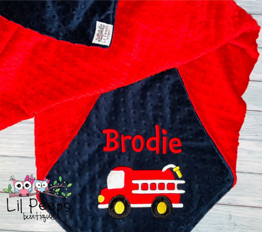 Fire Truck - Personalized Minky Baby Blanket - Red and Navy Minky - Embroidered Fire Truck