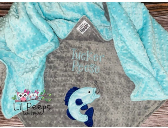 Personalized Minky Blanket and Pillowcase with embroidered Bass Fish - Travel or Standard Size