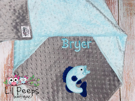 Personalized Minky Blanket and Pillowcase with embroidered Bass Fish - Travel or Standard Size