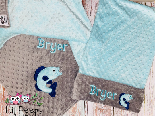 Fishing -Personalized Minky Baby Blanket - Aqua Minky/ Gray Minky - Embroidered Bass Fish