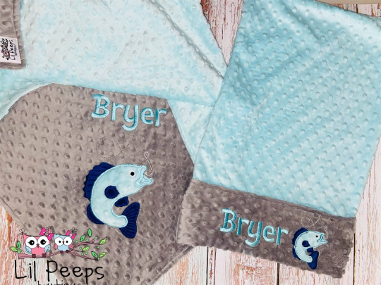 Personalized Minky Blanket and Pillowcase with embroidered Bass Fish - Travel or Standard Size