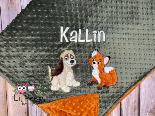 Personalized Fox and the Hound Minky Baby Blanket - Green and Rust Minky - Custom Monogram - Best Friends