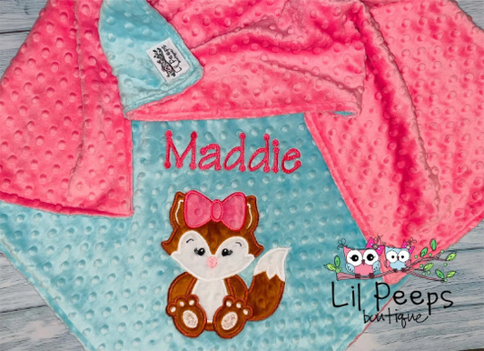 Personalized Girl Fox Minky Baby Blanket - Pink and Aqua  Minky - Custom Monogram