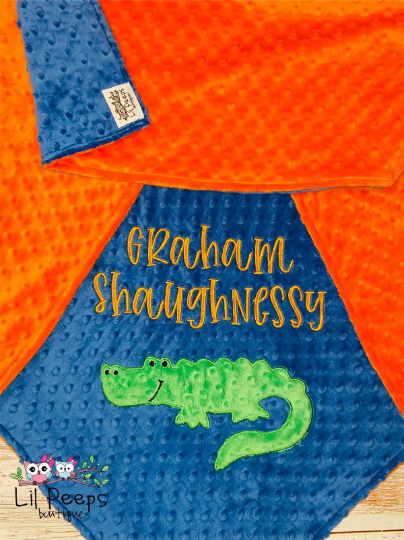 Alligator - Personalized Minky Blanket - Orange and Blue Minky - Embroidered Gator