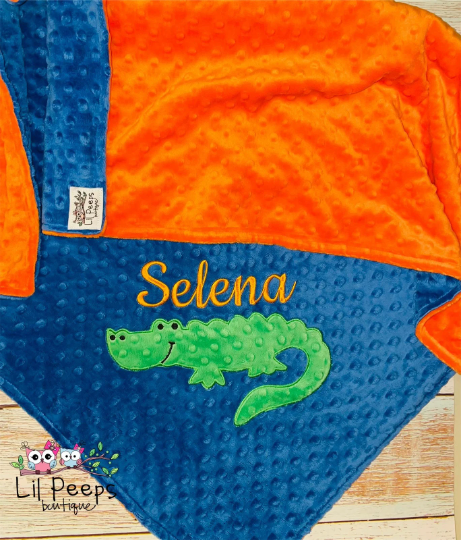 Alligator - Personalized Minky Blanket - Orange and Blue Minky - Embroidered Gator