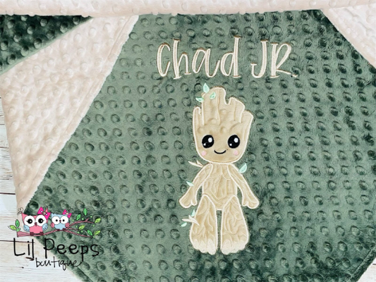 Personalized Groot Minky Baby Blanket - Tan and Green Minky - Custom Monogram