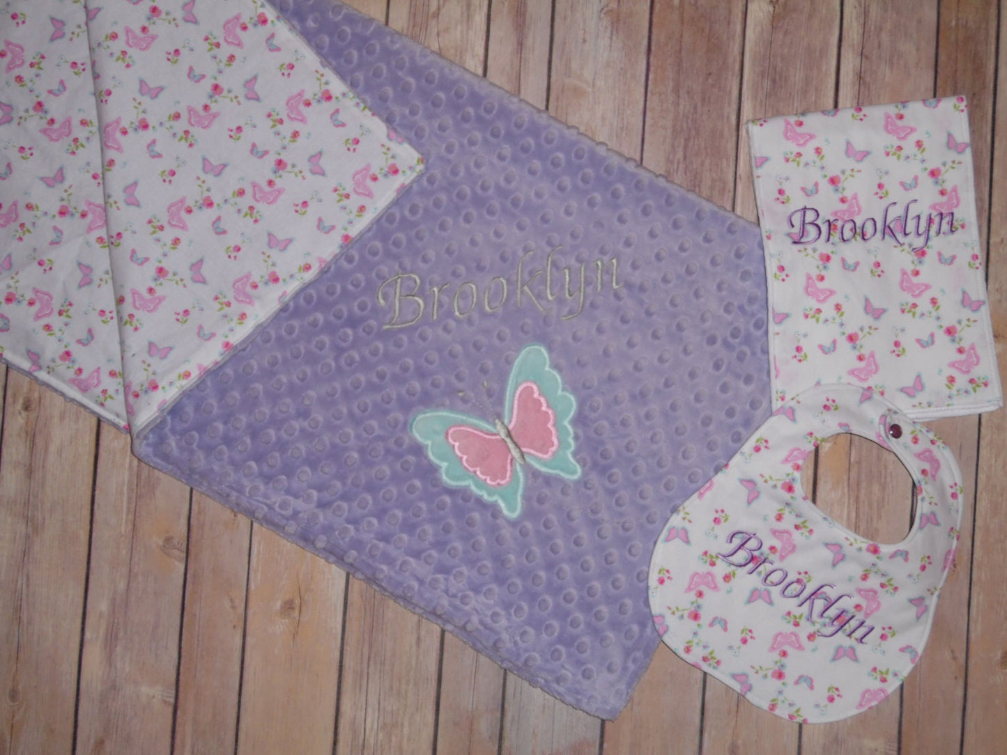 Butterfly Baby Girl Gift Set! Personalized Butterfly Fabric Print and Lavender Minky Blanket, Bib & Burp Cloth