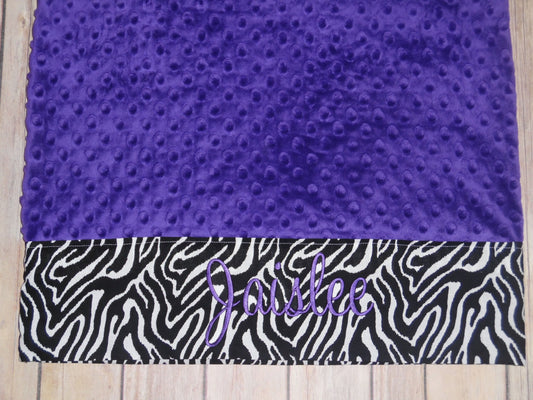 Personalized Minky Pillowcase  - Purple minky & Zebra Trim
