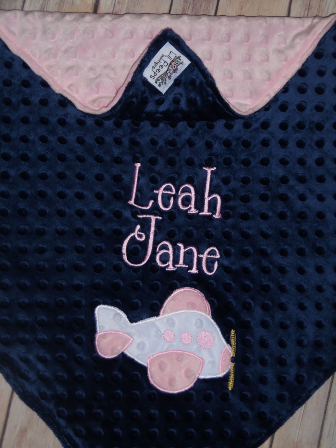 Airplane - Personalized Minky Blanket - Baby Pink / Navy  Minky - Embroidered Airplane