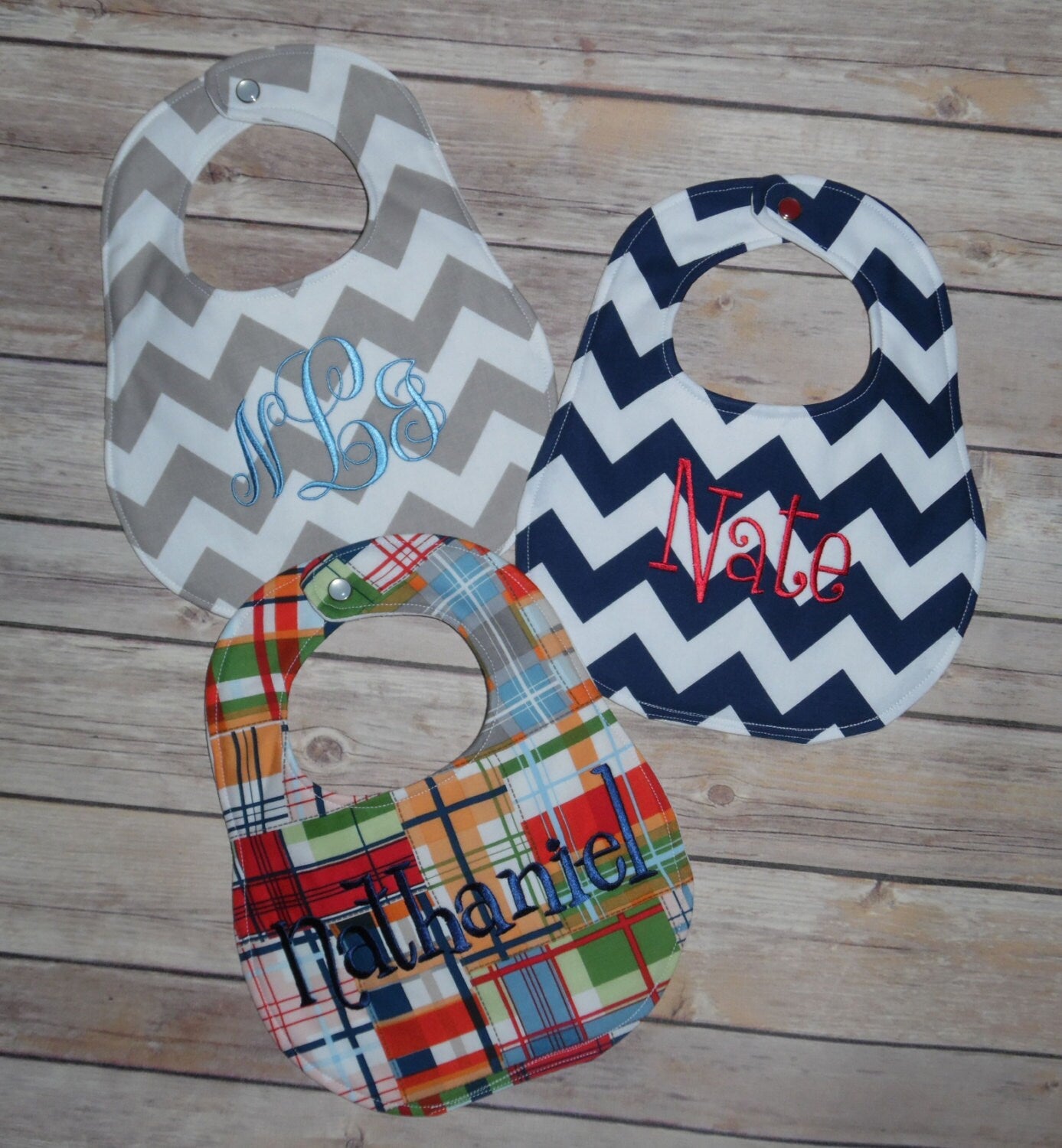 Set of 3 Personalized Bibs - Navy & Grey Chevron and Madras