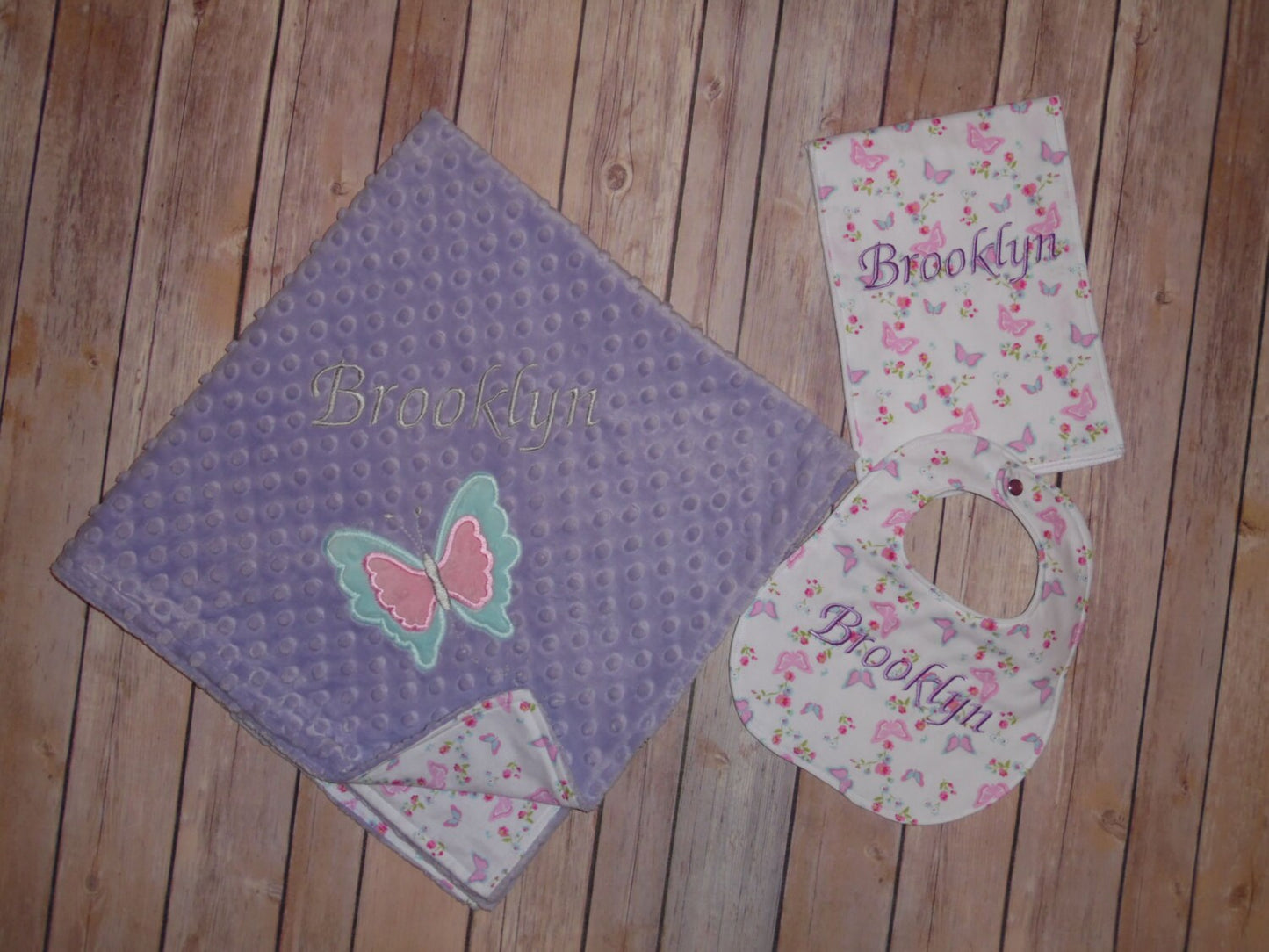 Butterfly Baby Girl Gift Set! Personalized Butterfly Fabric Print and Lavender Minky Blanket, Bib & Burp Cloth