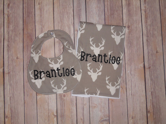 Deer / Buck - Personalized Boutique Bib and Burp Cloth set - Deer print