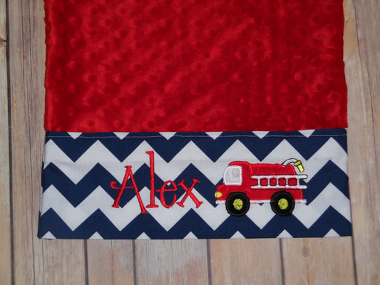 Fire Truck Pillowcase -Personalized Minky Pillowcase with Minky Firetruck