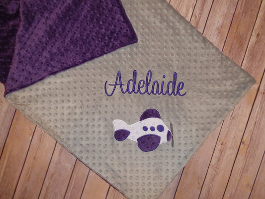 Airplane - Personalized Minky Baby Blanket - Silver / Purple Minky - Embroidered Airplane