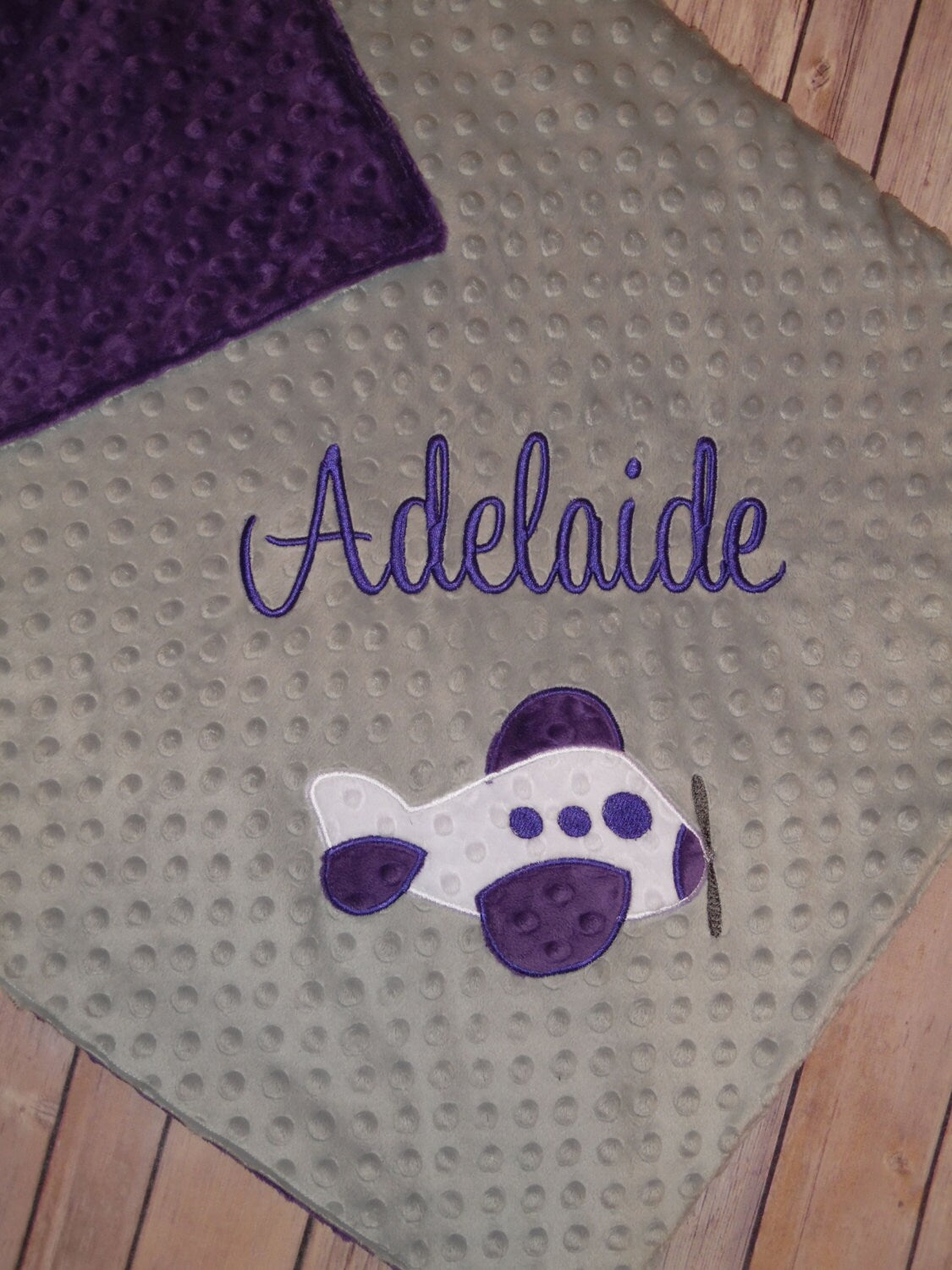 Airplane - Personalized Minky Baby Blanket - Silver / Purple Minky - Embroidered Airplane