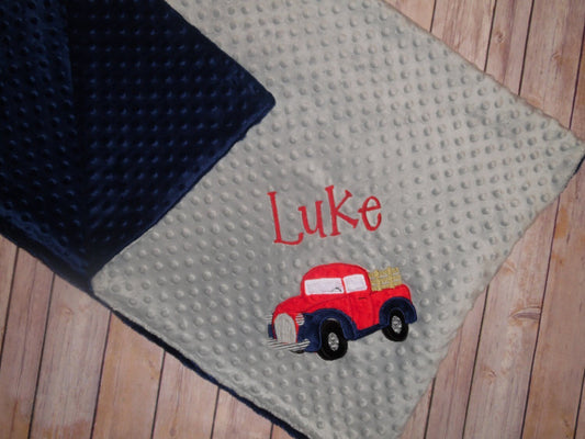 Antique Truck -Personalized Minky Baby Blanket - Navy Minky/ Gray Minky - Embroidered Antique Truck