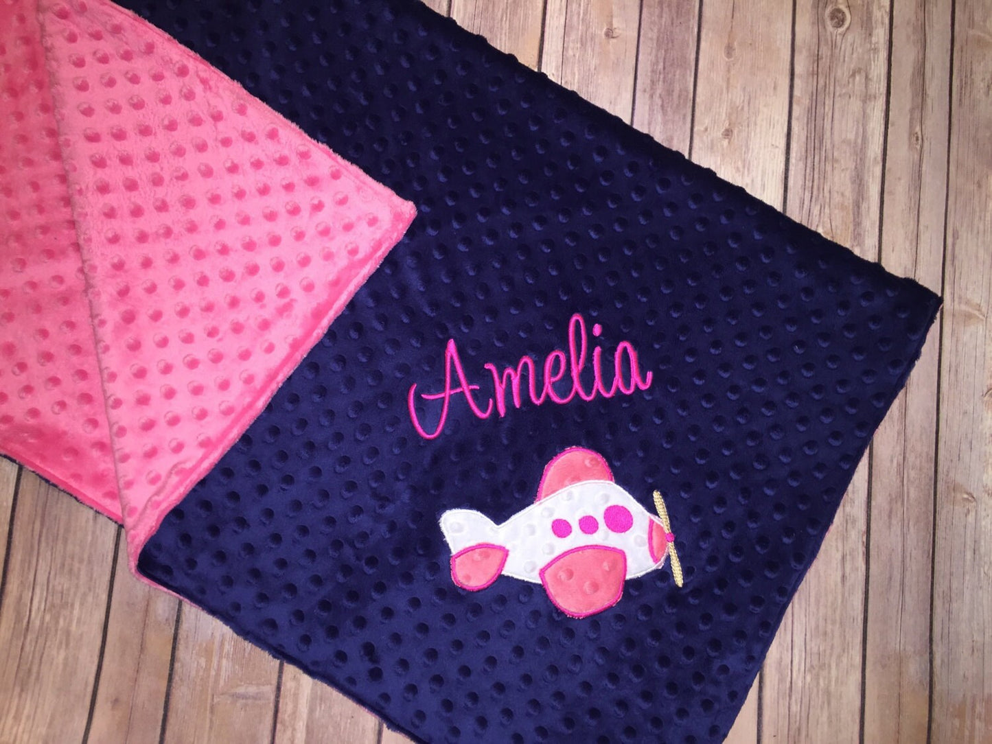 Airplane - Personalized Minky Blanket - Hot Pink / Navy  Minky - Embroidered Airplane