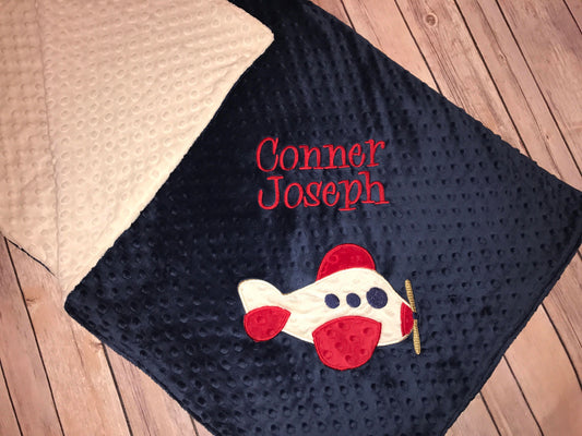 Airplane - Personalized Minky Blanket - Ivory / Navy  Minky - Embroidered Airplane