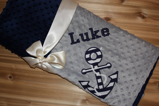Anchor - Personalized Minky Baby Blanket - Grey / Navy  Minky - Embroidered Anchor