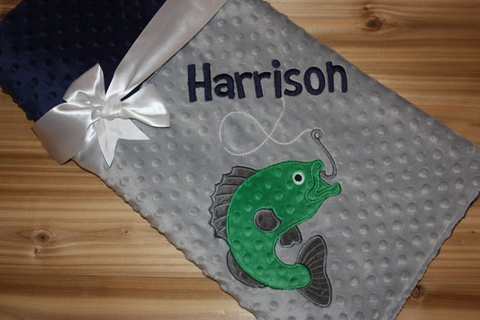Fishing -Personalized Minky Baby Blanket - Navy Minky/ Gray Minky - Embroidered Bass Fish
