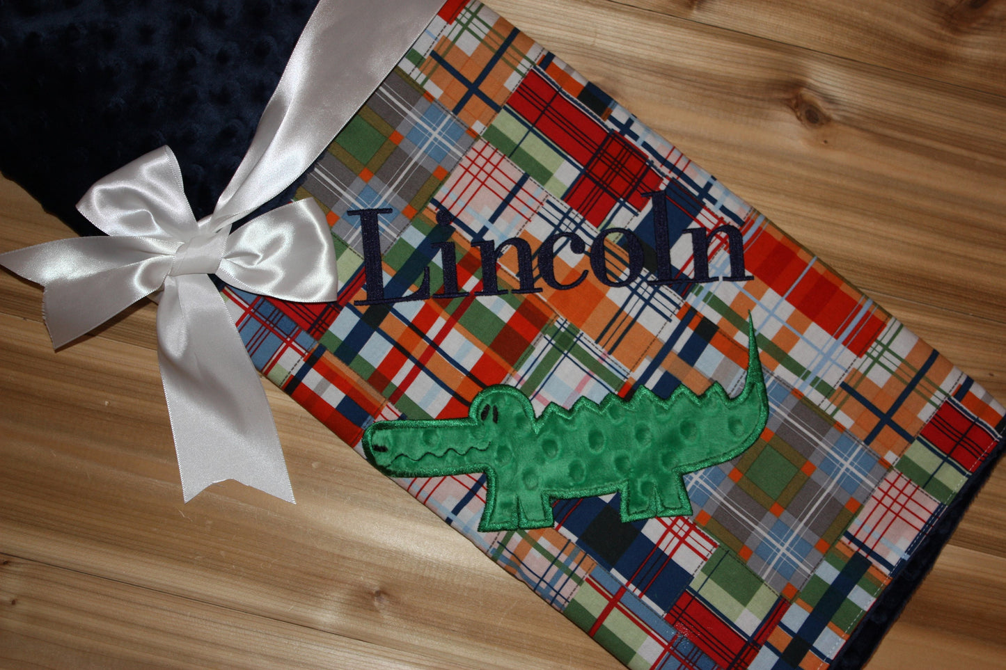 Alligator -Personalized Navy Minky Baby Blanket with Embroidered Alligator- Madras Plaid - Alligator Madras