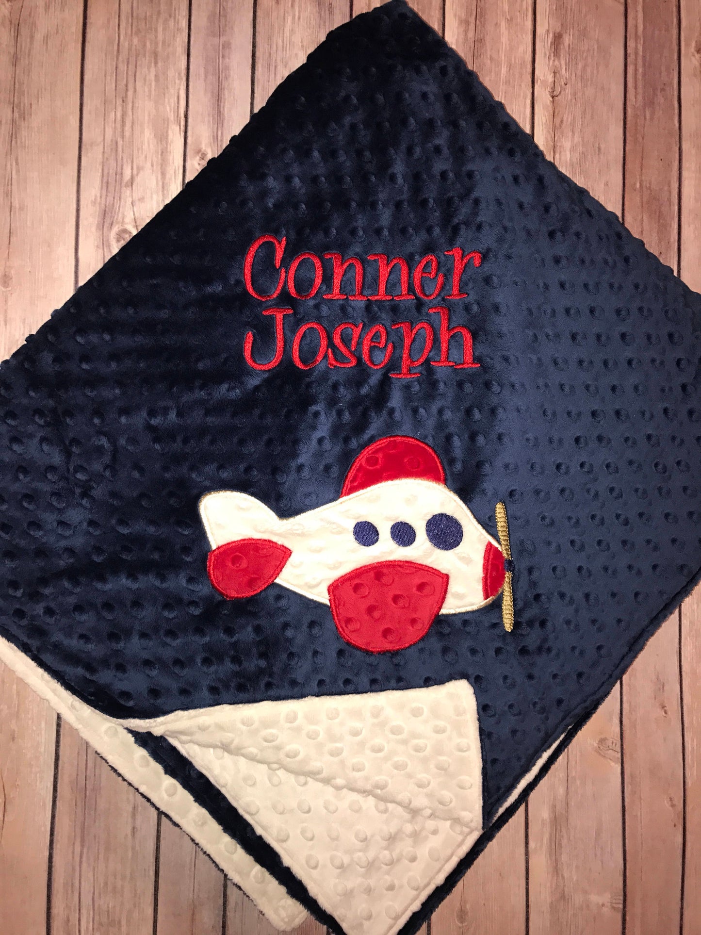 Airplane - Personalized Minky Blanket - Ivory / Navy  Minky - Embroidered Airplane