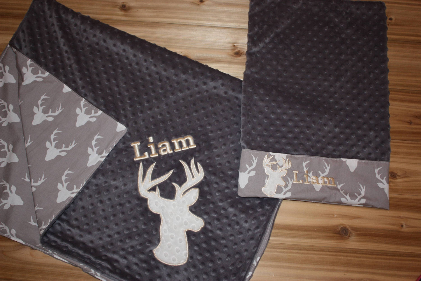 Buck -Personalized Gray Minky Baby Blanket with Embroidered Buck / Deer