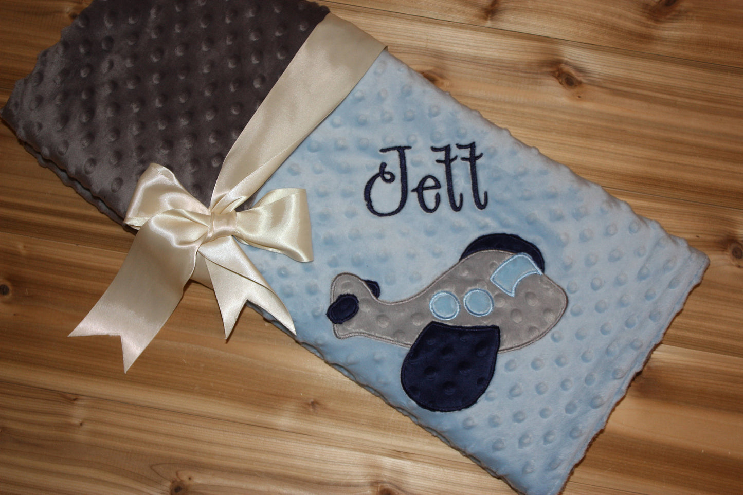 Airplane -Personalized Minky Baby Blanket - Baby Blue / Gray  Minky - Embroidered Airplane