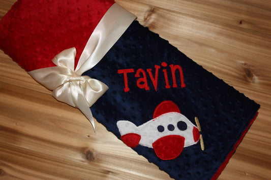 Airplane - Personalized Minky Baby Blanket - Embroidered Airplane