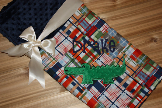 Alligator -Personalized Navy Minky Baby Blanket with Embroidered Alligator- Madras Plaid - Alligator Madras