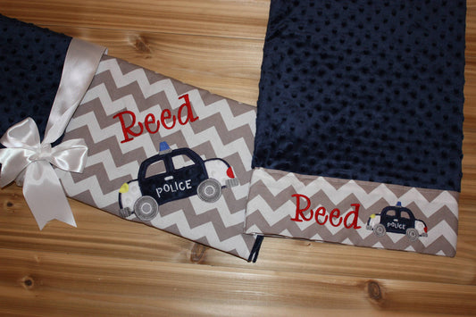 Police Car Nap Set - Personalized Minky Blanket and Pillowcase with embroidered Police Car - Travel or Standard Size