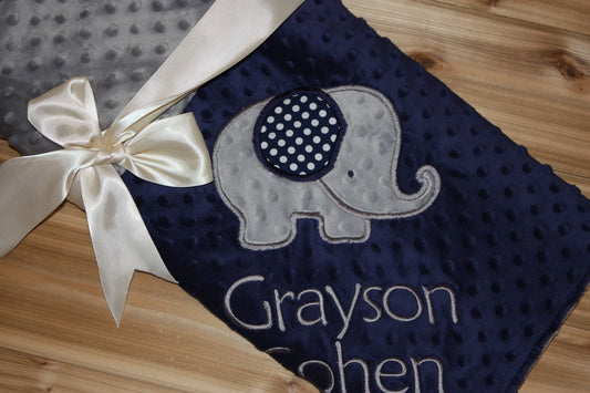 Elephant Blanket- Personalized Minky Baby Blanket - Gray & Navy  Minky - Embroidered Elephant