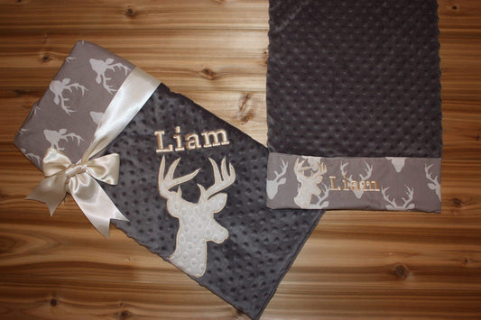 Buck Nap Set - Personalized Minky Baby Blanket & Standard OR Toddler size Pillowcase with Embroidered Buck