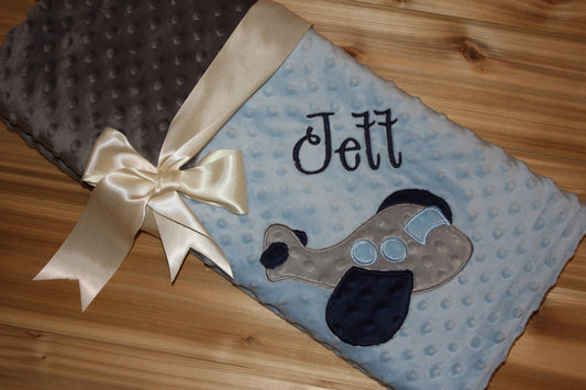 Airplane -Personalized Minky Baby Blanket - Baby Blue / Gray  Minky - Embroidered Airplane