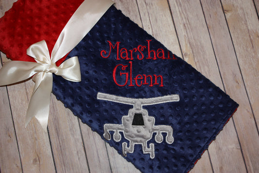 Apache Helicopter - Personalized Minky Baby Blanket - Navy / Red Minky - Embroidered Apache Helicopter