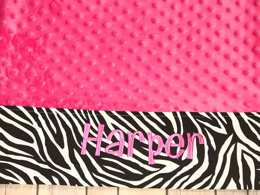 Personalized Minky Pillowcase  - Hot Pink minky & Zebra Trim