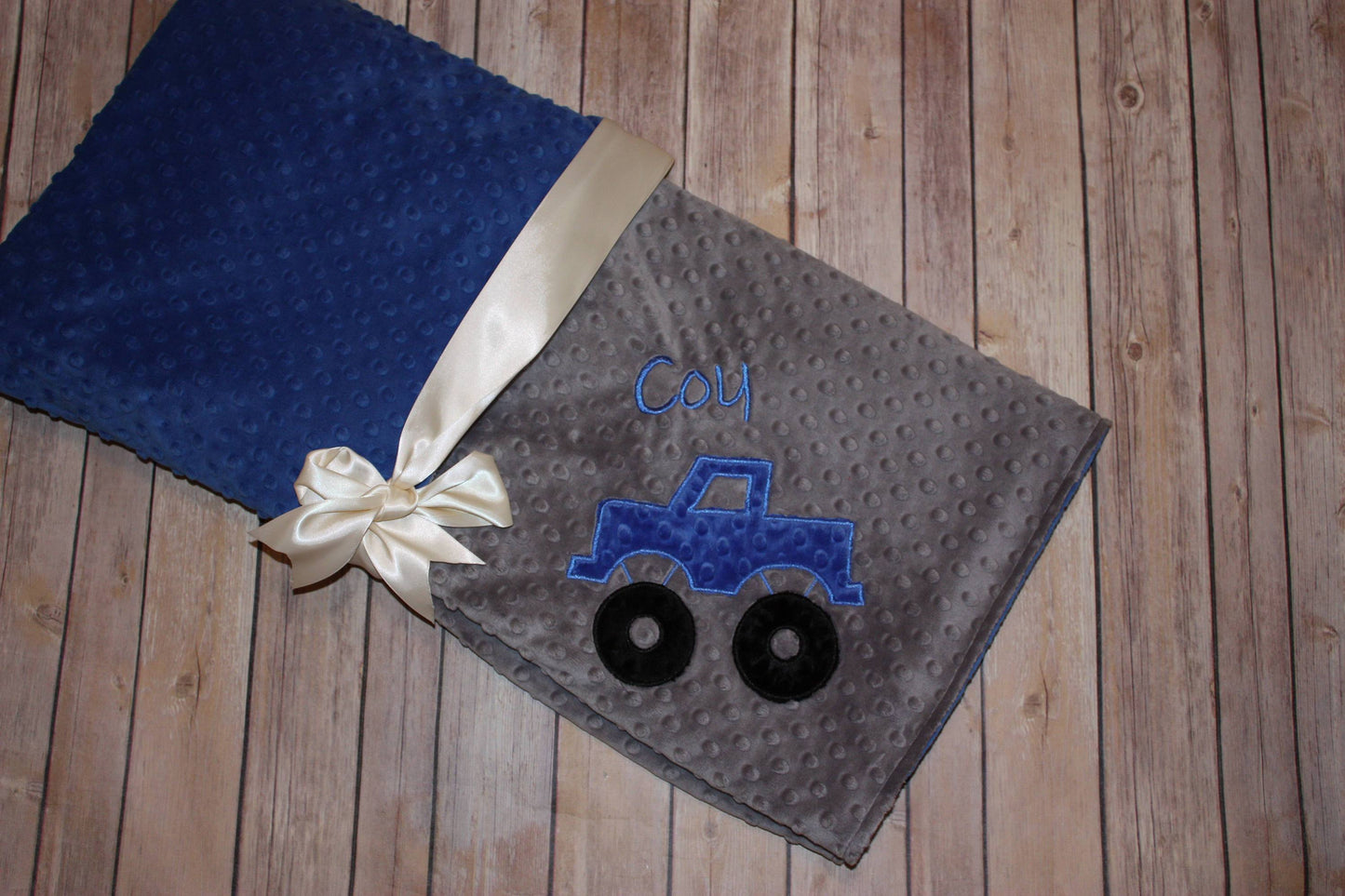 Monster Truck Nap Set - Personalized Minky Baby Blanket & Standard OR Toddler size Pillowcase with Embroidered Monster Truck