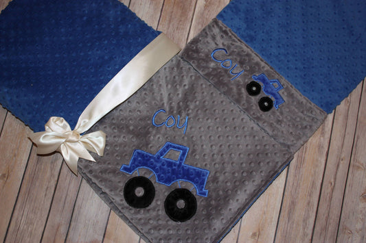 Monster Truck Nap Set - Personalized Minky Baby Blanket & Standard OR Toddler size Pillowcase with Embroidered Monster Truck