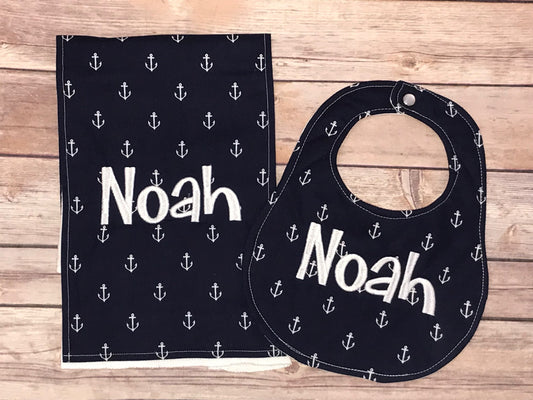 Personalized Bib and Burps Cloth set -Navy Anchors Boutique Bib and Burp Cloth set - Personalized