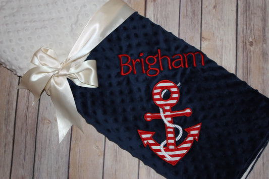 Anchor - Personalized Minky Baby Blanket - White / Navy  Minky - Embroidered Anchor