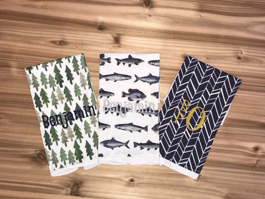 Set of 3 Personalized Burp Cloths - Forest, Fish & Navy Herringbone