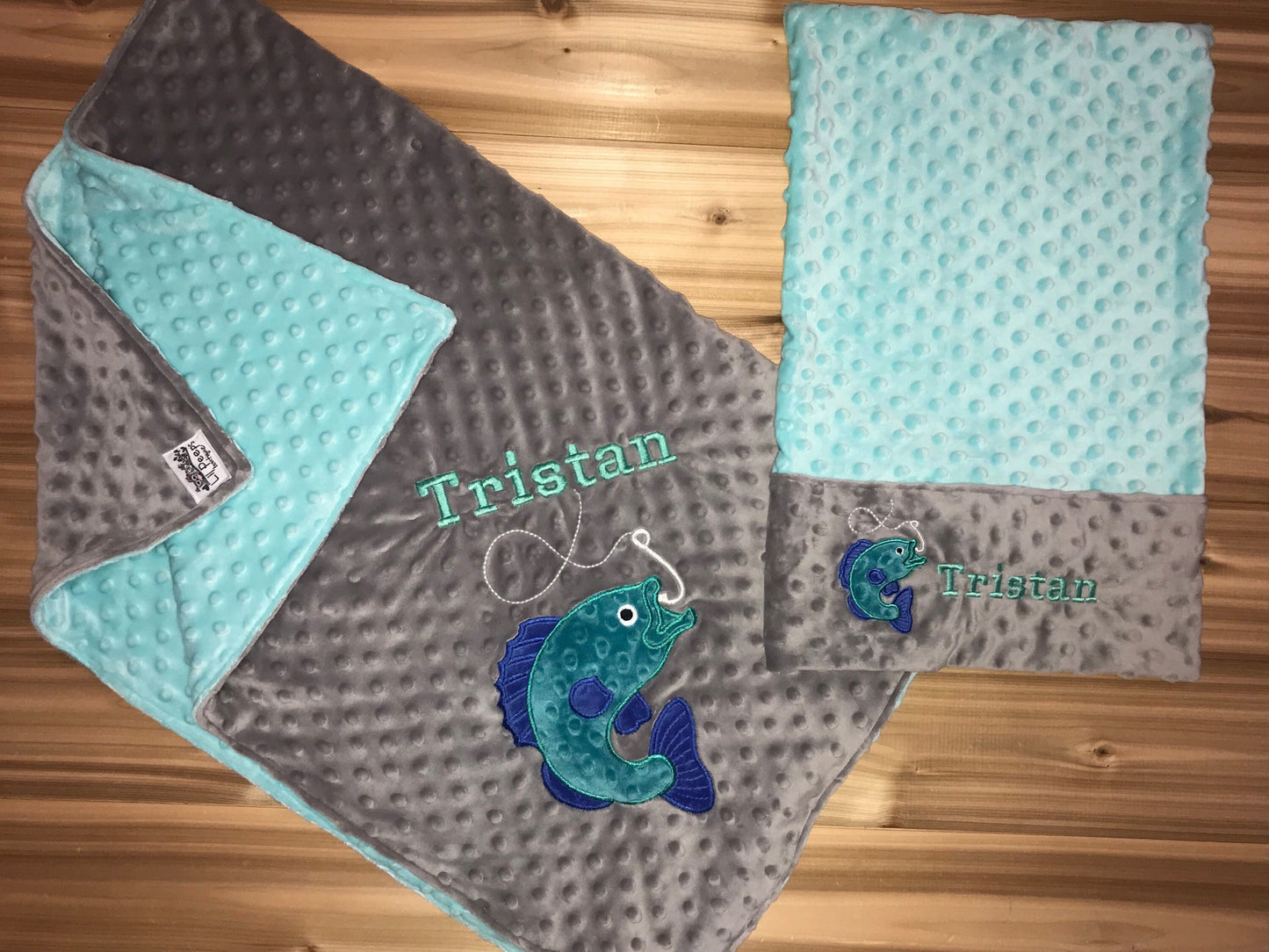 Personalized Minky Blanket and Pillowcase with embroidered Bass Fish - Travel or Standard Size