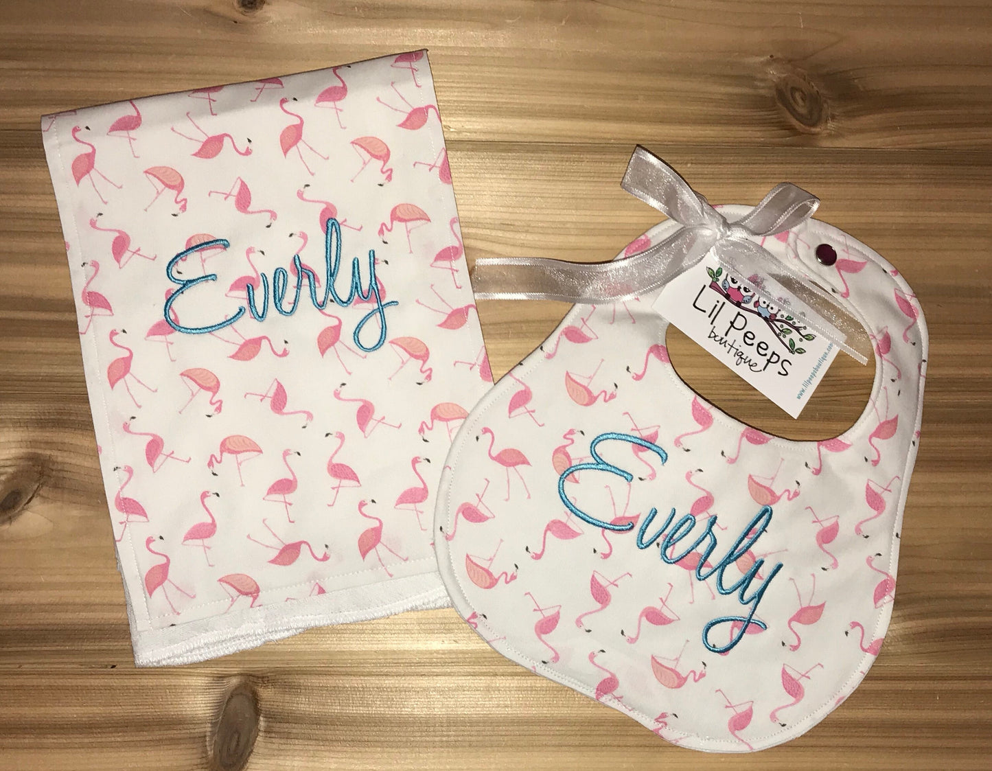 Flamingos - Personalized Boutique Bib and Burp Cloth set