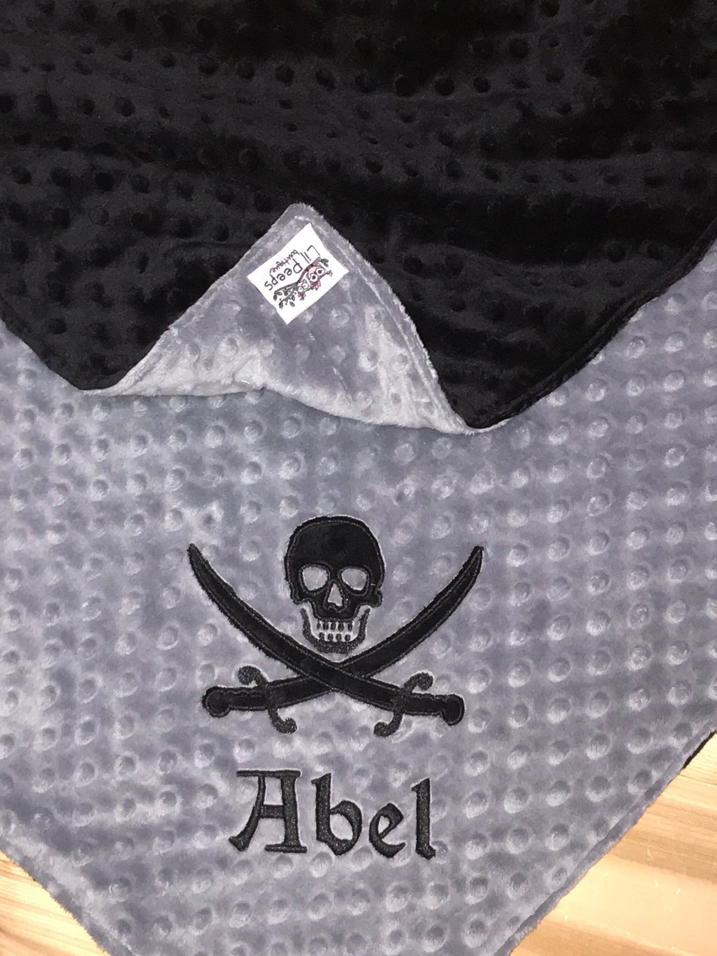 Pirate Blanket - Personalized Minky Blanket - Baby Gray and Black  Minky - Embroidered Skull and Cross Bones