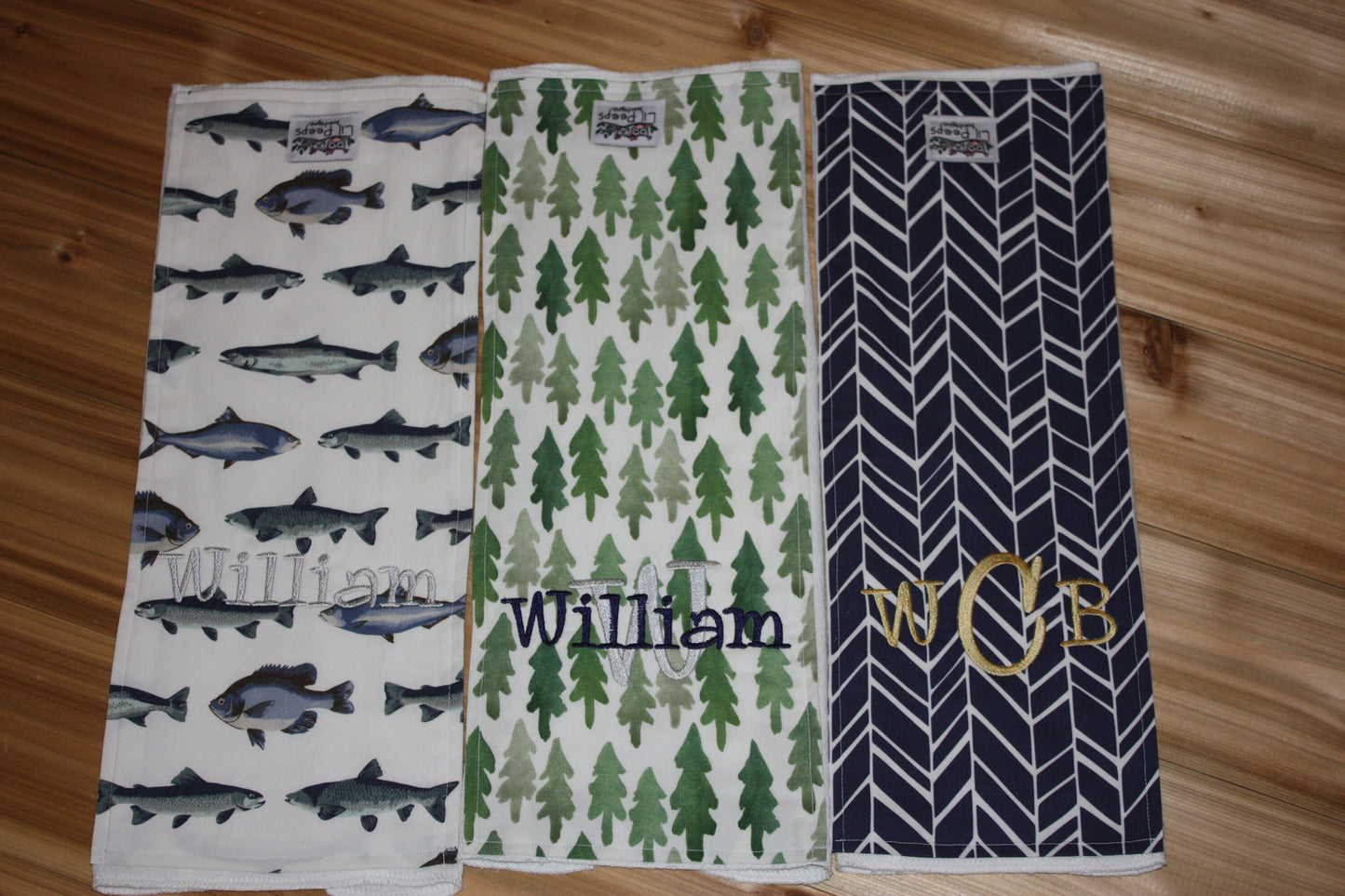 Set of 3 Personalized Burp Cloths - Forest, Fish & Navy Herringbone