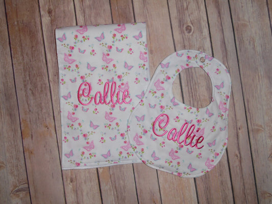 Butterfly Boutique Bib and Burp Cloth set - Personalized