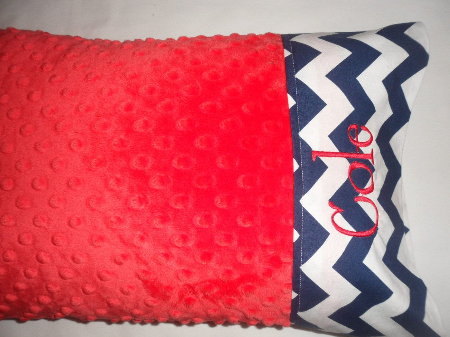 Pillowcase -Personalized Minky Pillowcase  -Red Minky & Navy Chevron