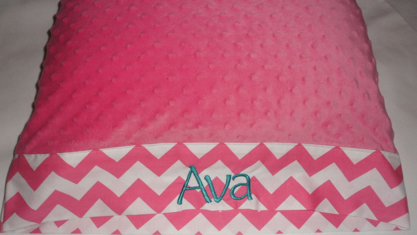 Pillowcase -Personalized Minky Pillowcase - Hot Pink minky & Hot Pink Chevron