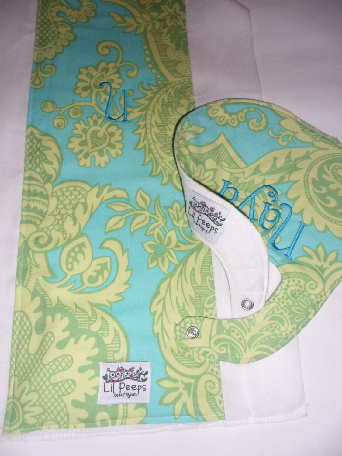 Personalized Boutique Bib and Burp Cloth Set - Amy Butler Love Sandlewood Turquoise - Custom Monogrammed