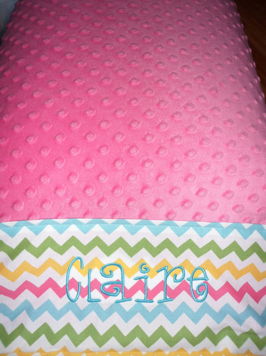 Pillowcase - Personalized Minky Pillowcase  -  Hot pink Minky with Rainbow Chevron